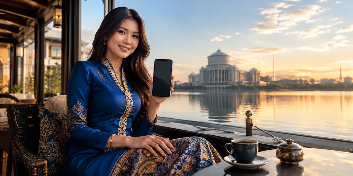Pengguna wanita bermain kasino mudah alih memakai baju kurung di Putrajaya